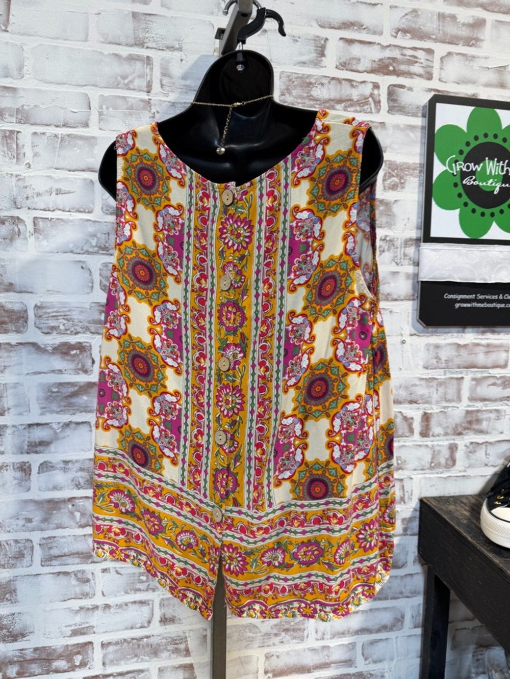 Sleeveless Floral Print Tank Top in Pink and Yellow XL - Picture 3 of 6